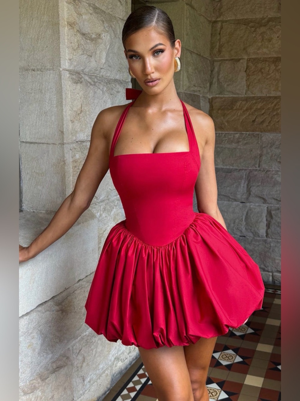 BABYBOO Maricia Red Halter Bubble Mini Dress